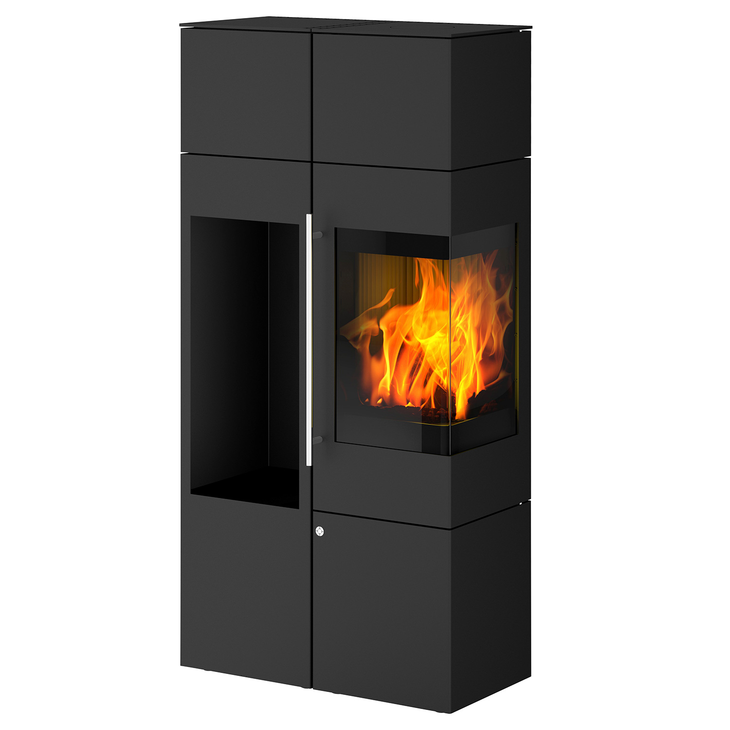 Olsberg Ipala Smart Compact Kaminofen Stahl schwarz, Türanschlag rechts, Stahltür mit Speicheraufsatz und Holzregal links