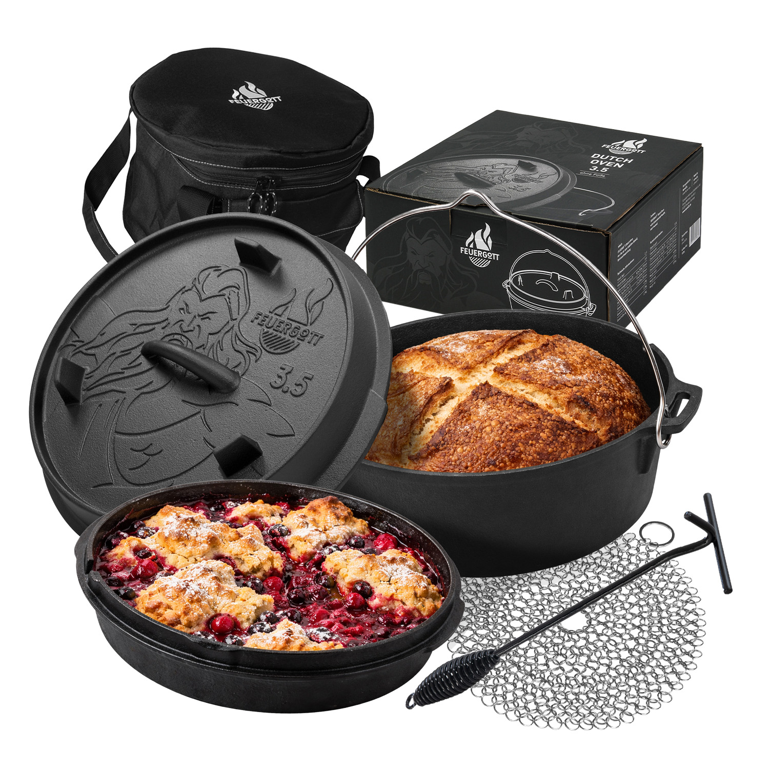 Feuergott Dutch Oven Set 3,5 l Gusseisen Feuertopf ohne Füße Schwarz mit Deckelheber Ringreiniger Transporttasche Outdoor Topf für Grill Feuerstelle Camping