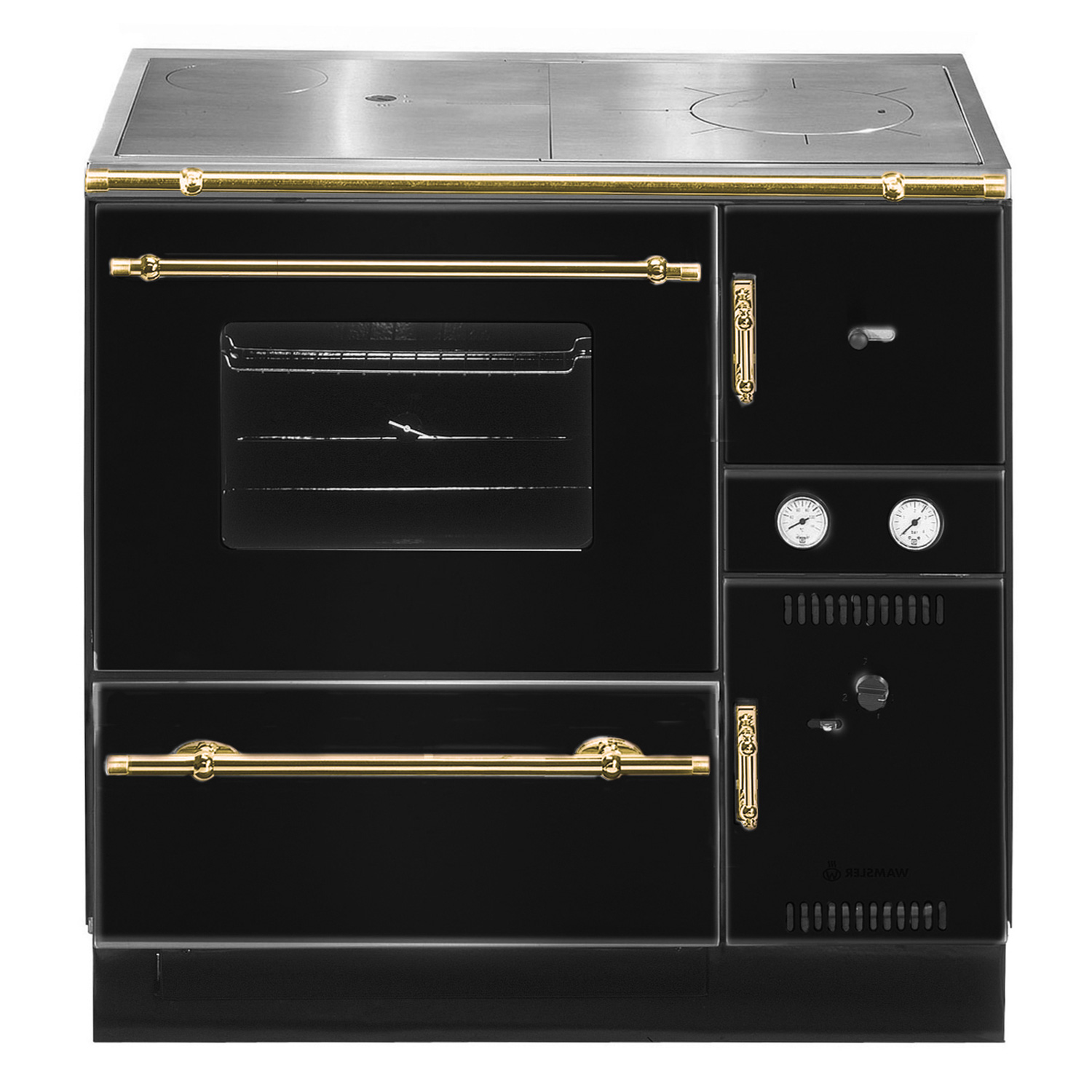 Wamsler K 148 CL Küchenofen wasserführend Schwarz / Gold, Rauchrohr links Wamsler K 148 CL Küchenofen wasserführend Schwarz / Gold, Rauchrohr links