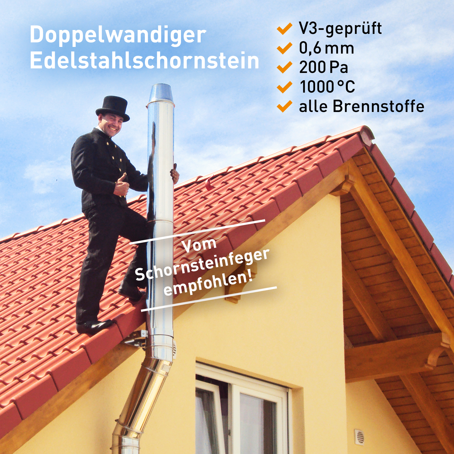Edelstahlschornstein 130mm Komplett-Set 3,3 m