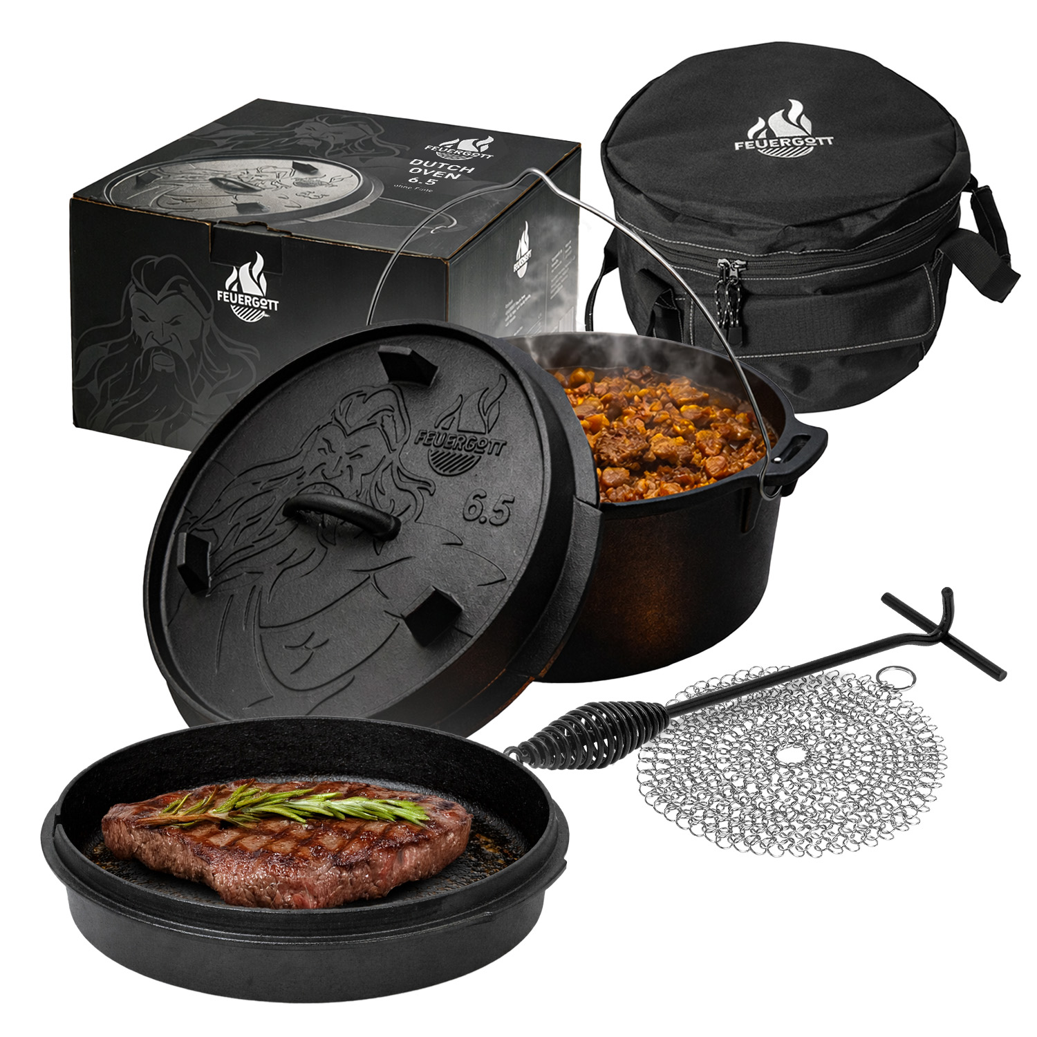 FEUERGOTT Dutch Oven 6,5 l im Set mit Transporttasche, Deckelheber und Ringreiniger
