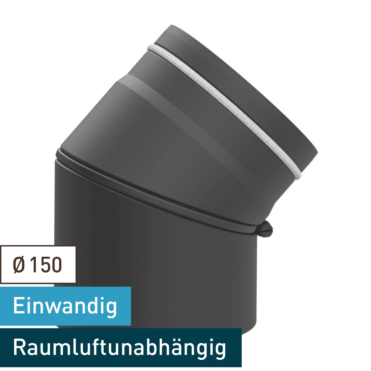 Raik Lifestyle Bogen Durchmesser 150/0-45° 2,00mm eingezogen drehbar 2-tlg mit Dichtung grau für Rauchrohr/ Ofenrohr