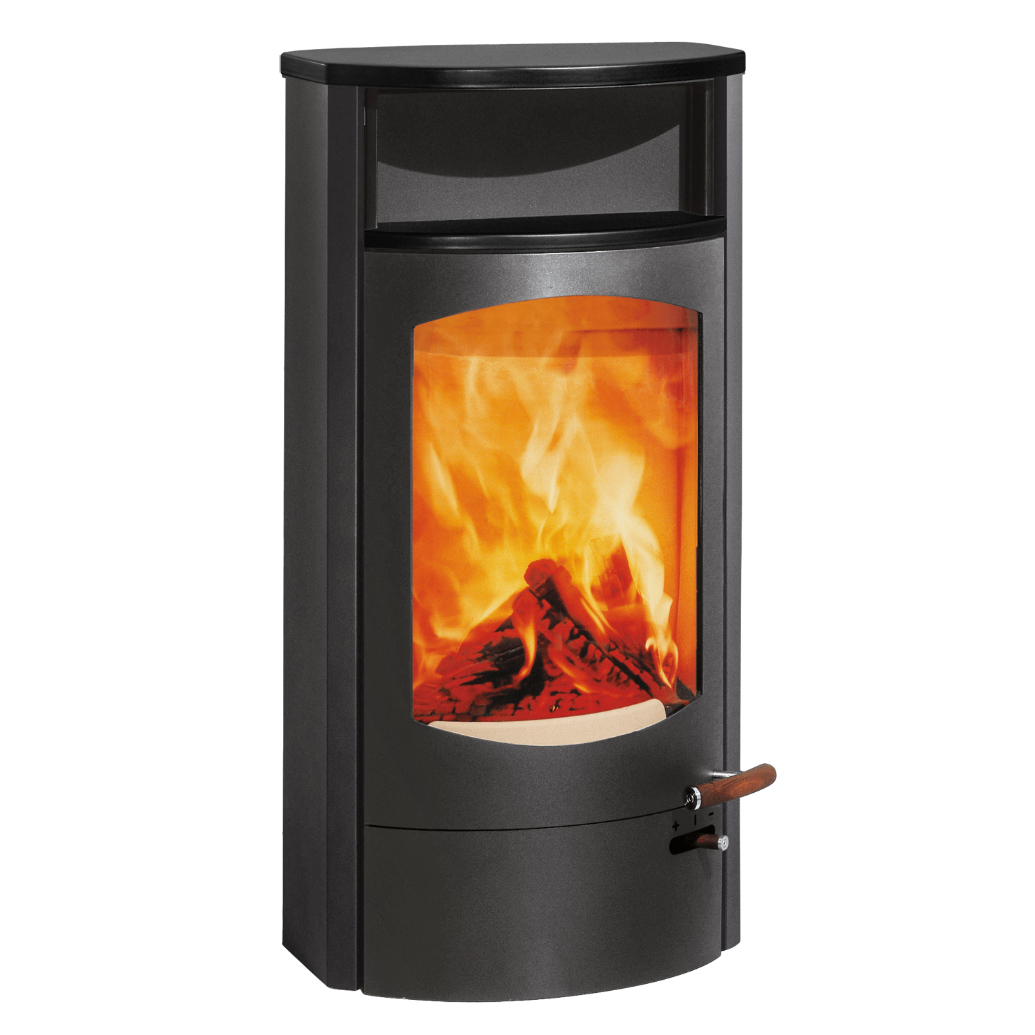 Austroflamm Koko 2.0 Kaminofen Stahl Gussgrau, Warmhaltefach Keramik Schwarz matt, Topplatte Keramik Schwarz matt, RRA hinten
