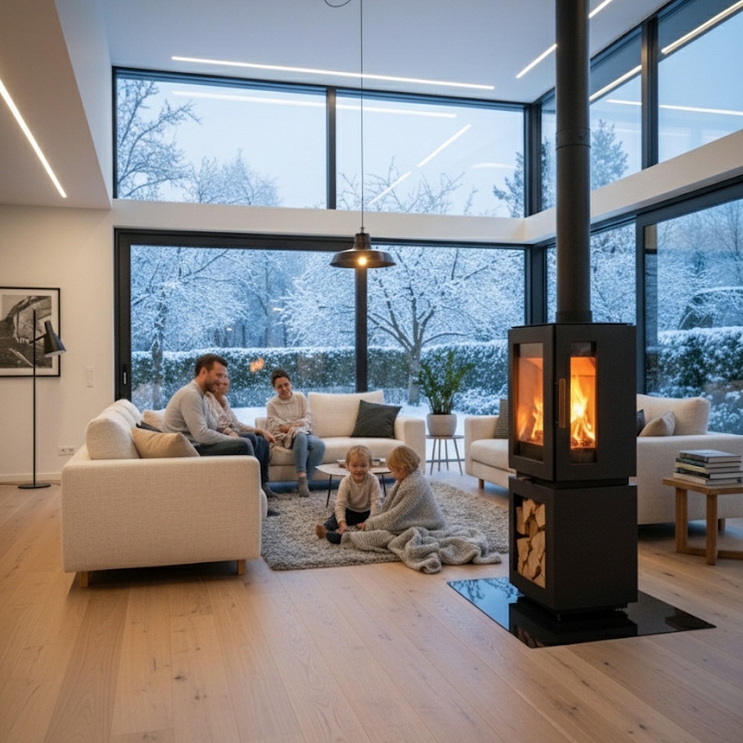 Hergom Glow Kaminofen Gusseisen Schwarz mit Holzlagerfach