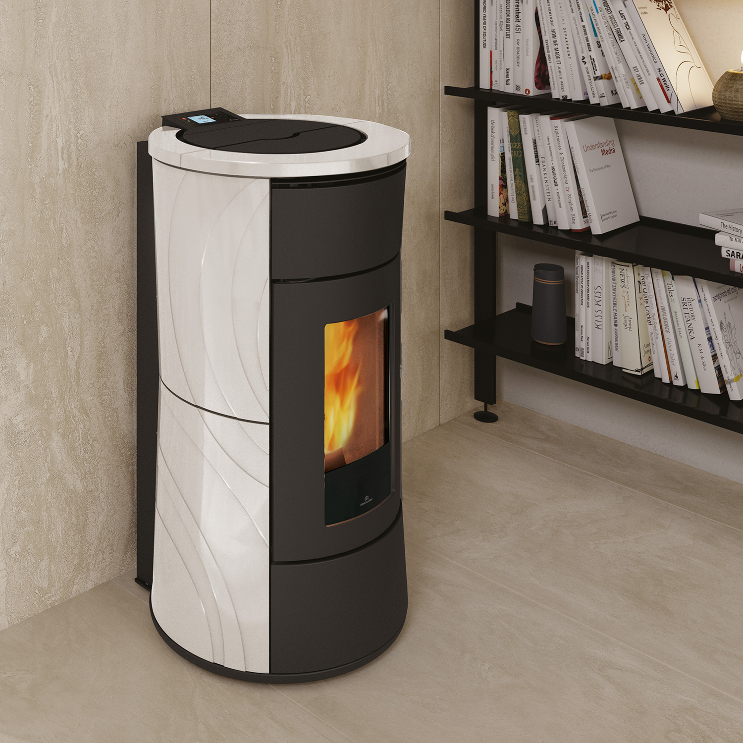 Edilkamin Cherie H 14 Evo Wasserführender Pelletofen Keramik Weiß Komplett-Set Kombispeicher THKE 600 + 1 SWT