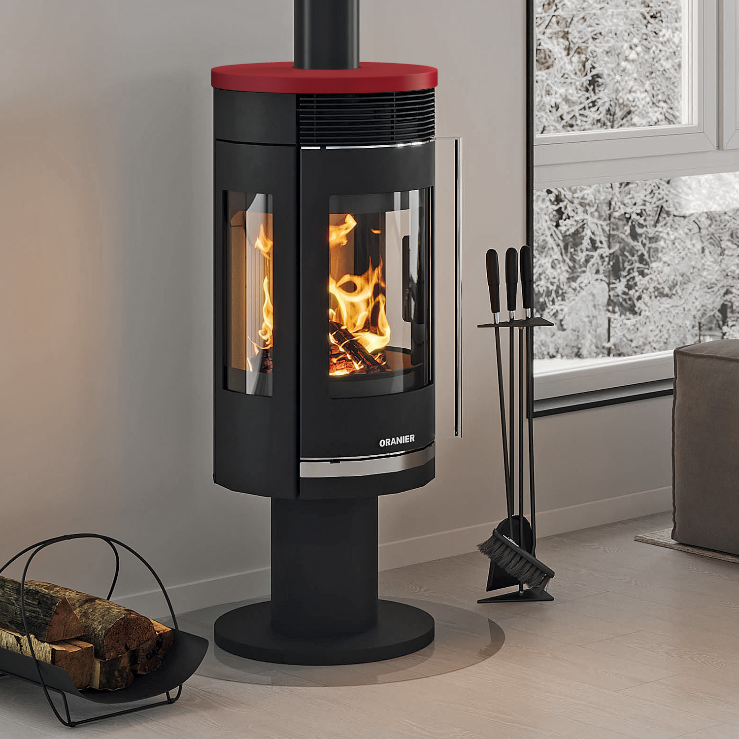 Oranier Rota Twist Kaminofen Stahl Schwarz / Topplatte Keramik Bordeauxrot