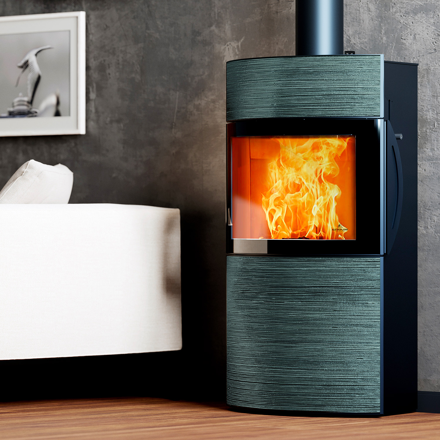 Austroflamm Fynn Xtra 2.0 Kaminofen Stahl Schwarz / Keramik Turmalin Rille Glänzend