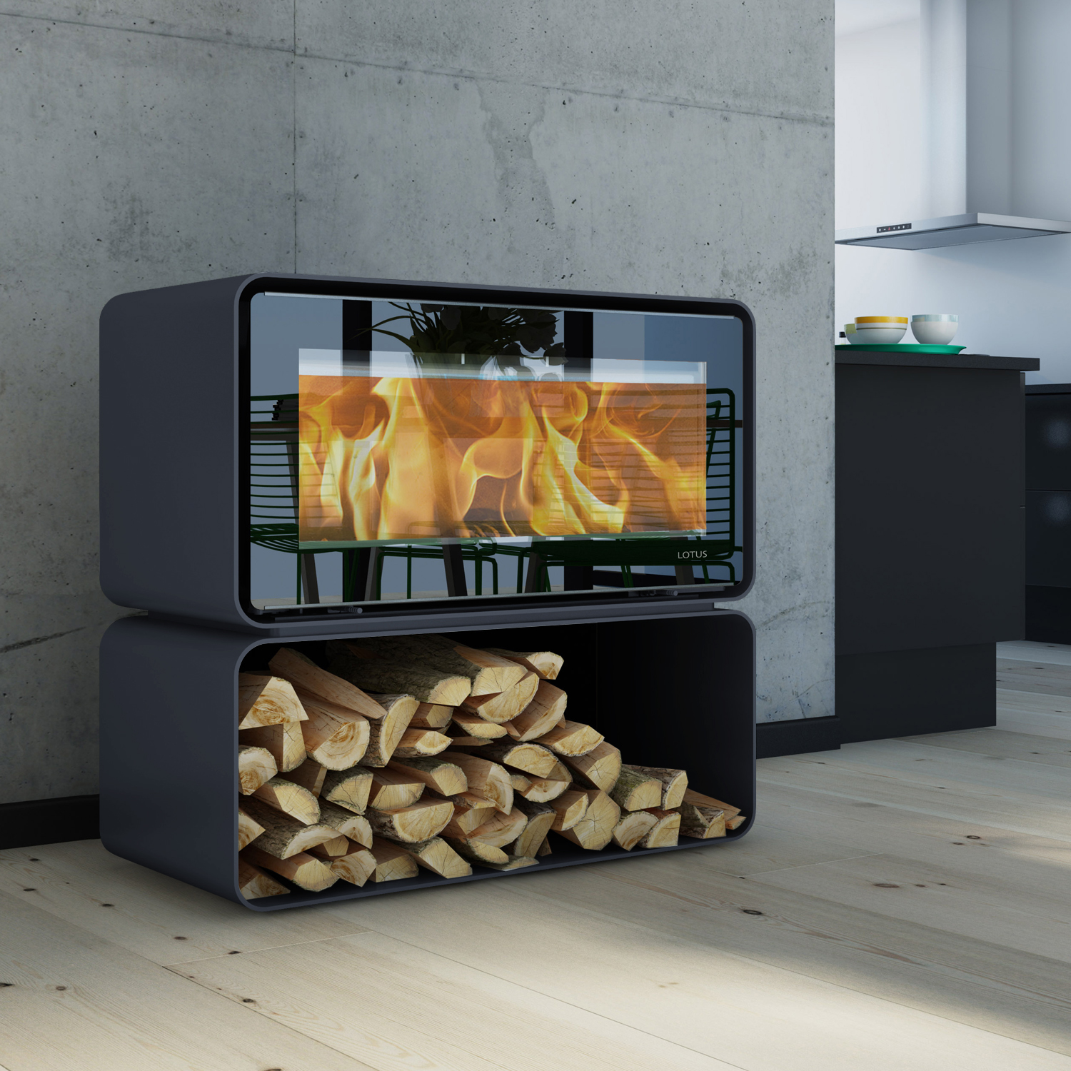 Lotus Living Cube Kaminofen Ocean Dark, Rauchabgang hinten Lotus Living Cube Kaminofen Ocean Dark, Rauchabgang hinten