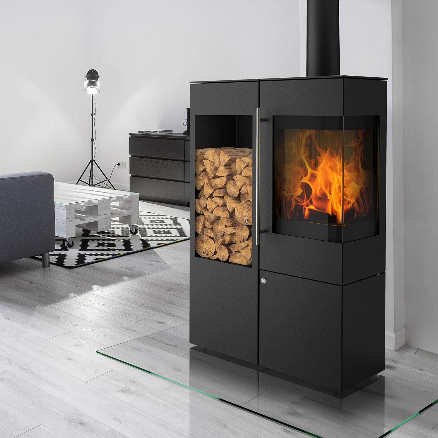 Olsberg Ipala Smart Compact Kaminofen Stahl schwarz, Türanschlag rechts, Stahltür mit Holzregal links