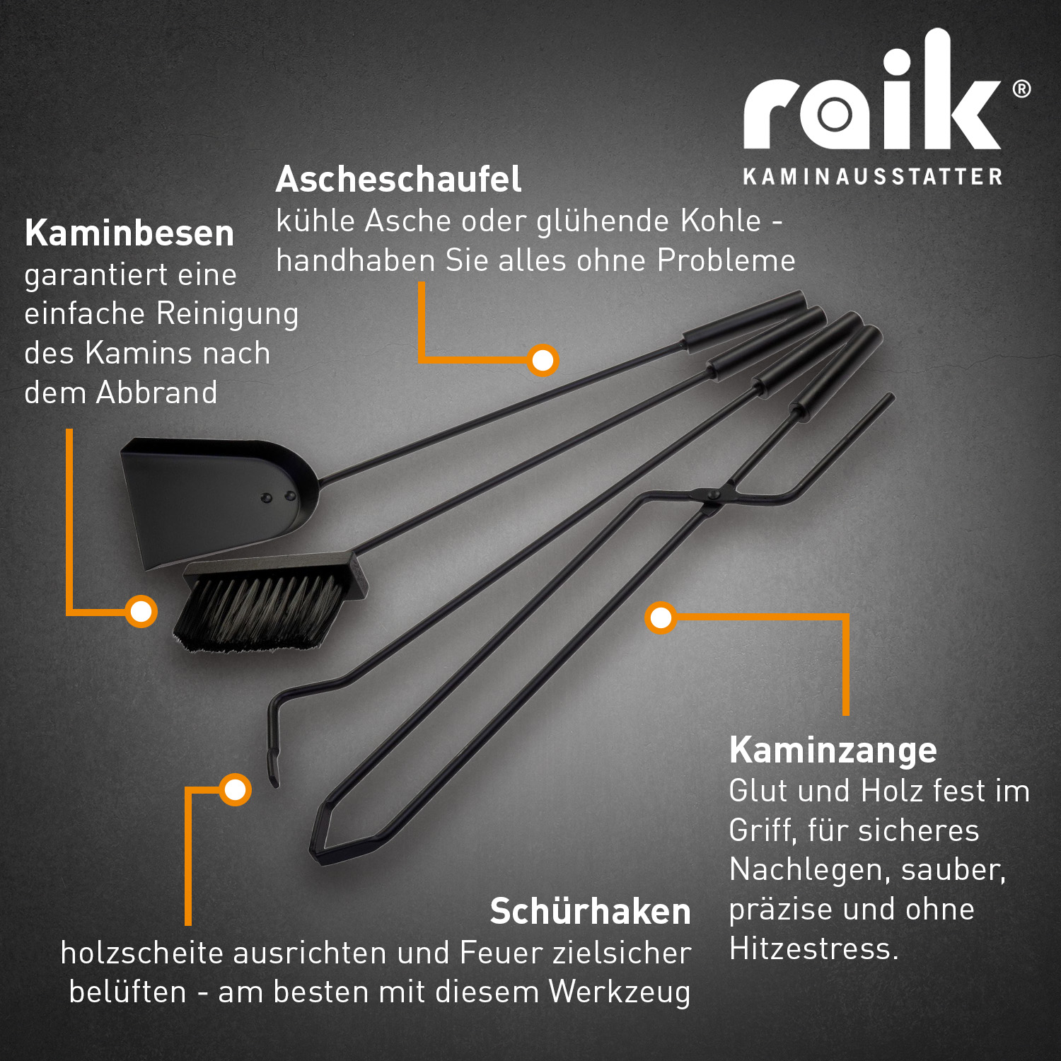 Raik Kaminbesteck Theodor, 4-tlg., schwarz