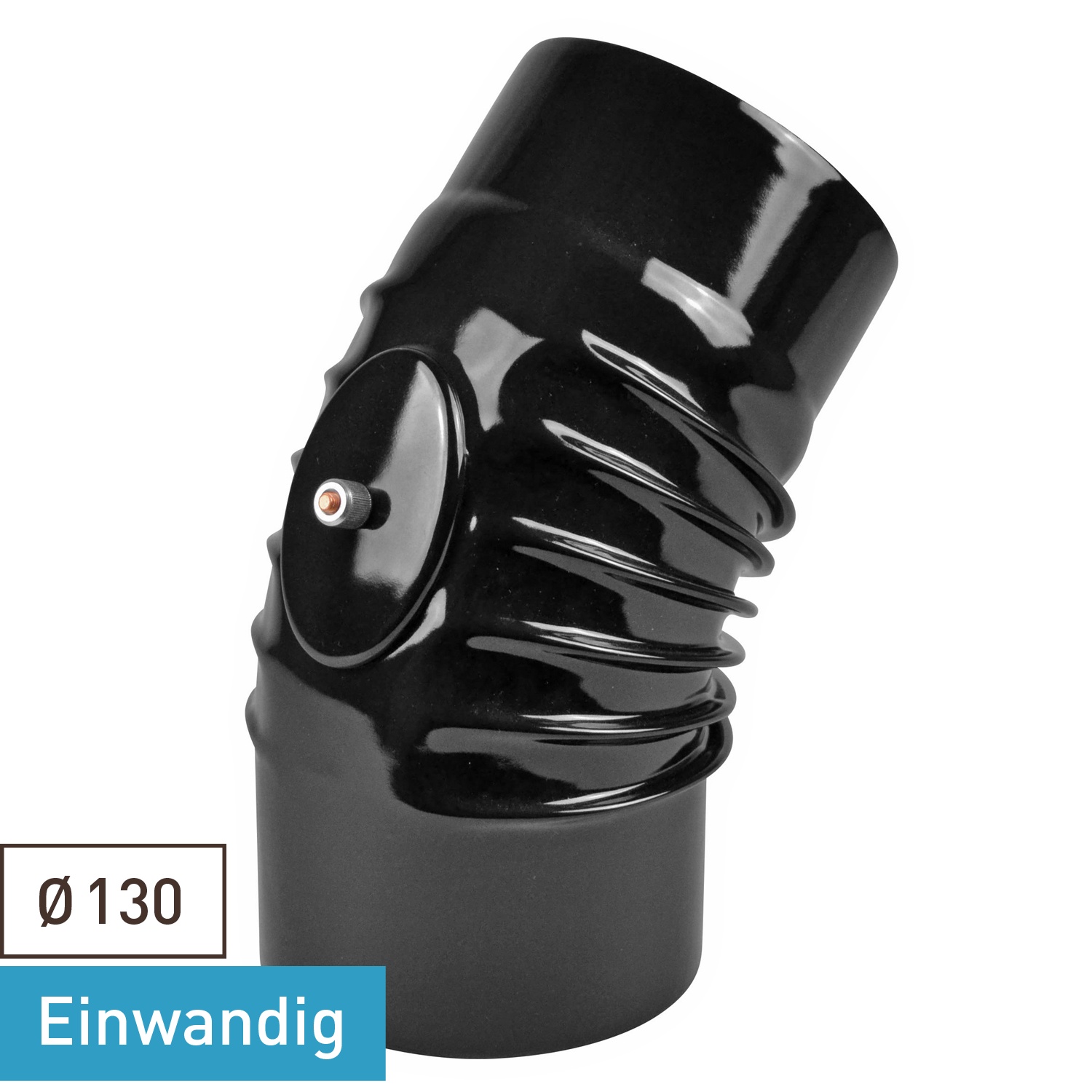 Raik Rauchrohrbogen / Ofenrohrbogen Emaille 130mm - 45° Bogen gerippt Schwarz mit Reinigungsöffnung