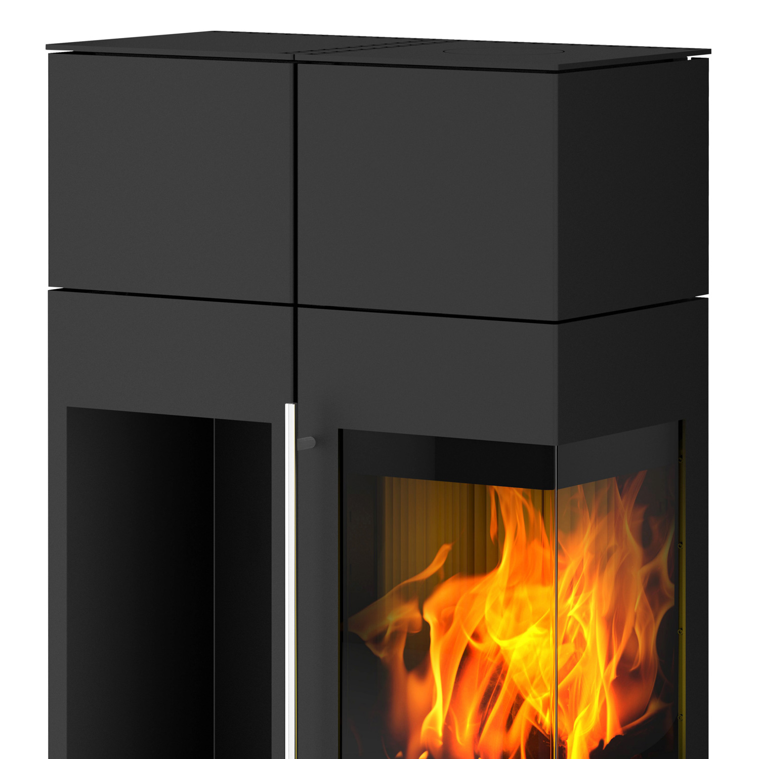 Olsberg Ipala Smart Compact Kaminofen Stahl schwarz, Türanschlag rechts, Stahltür mit Speicheraufsatz und Holzregal links