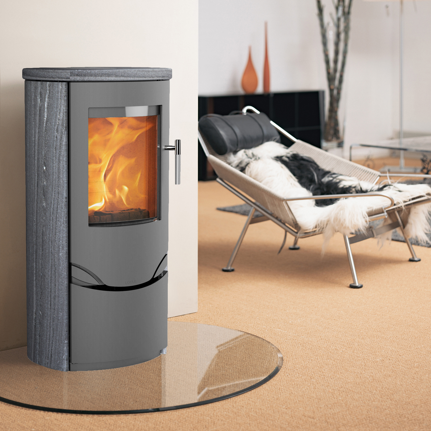 Lotus Prio 5 Kaminofen Grau/ Indian Night, Rauchabgang hinten