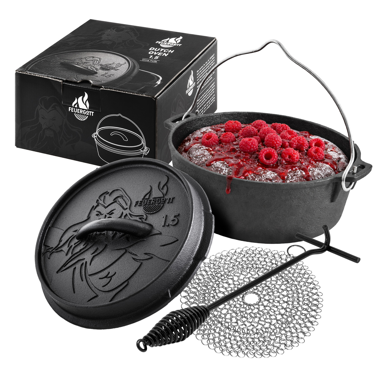 FEUERGOTT Dutch Oven 1,5 l im Set mit Ringreiniger und Deckelheber