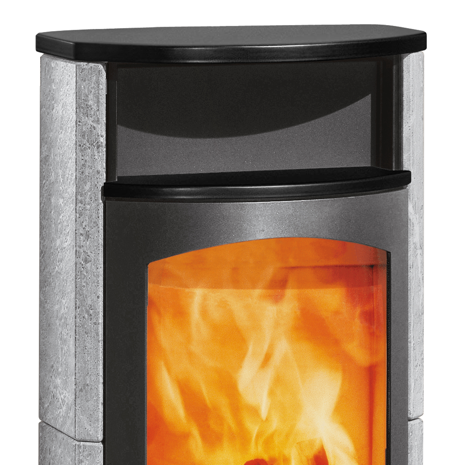 Austroflamm Koko 2.0 Kaminofen Speckstein, Warmhaltefach Keramik Schwarz matt, Topplatte Keramik Schwarz matt, RRA hinten