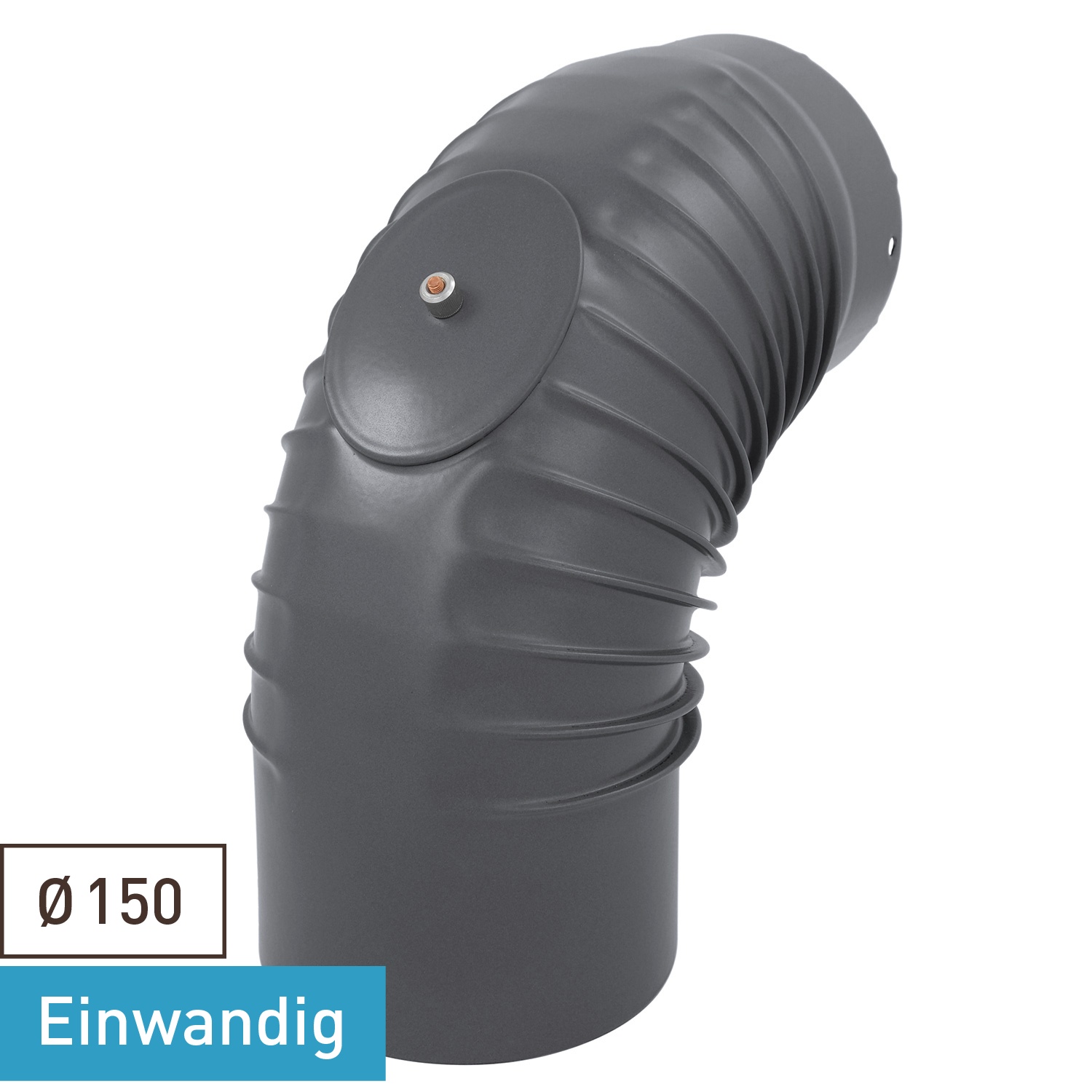 Raik Rauchrohrbogen / Ofenrohrbogen Emaille 150mm - 90° Bogen gerippt Grau mit Reinigungsöffnung