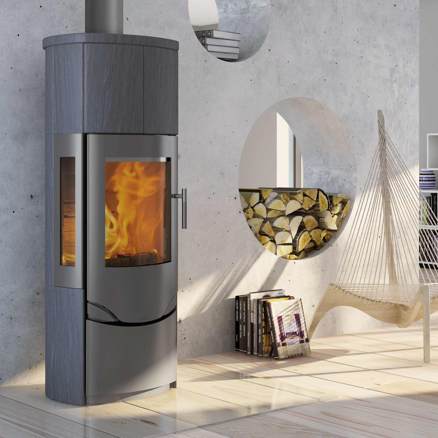 Lotus Prio M Kaminofen Grau / Indian Night / Seitenglas, inkl. PowerStones, RR hinten od. RR oben