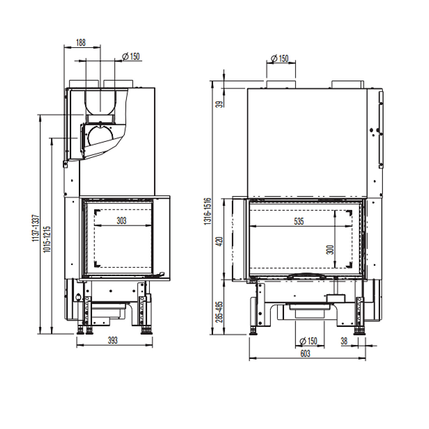 Austroflamm 63x40x42 S 2.0 Kamineinsatz Ecke links Feuerraum Schwarz