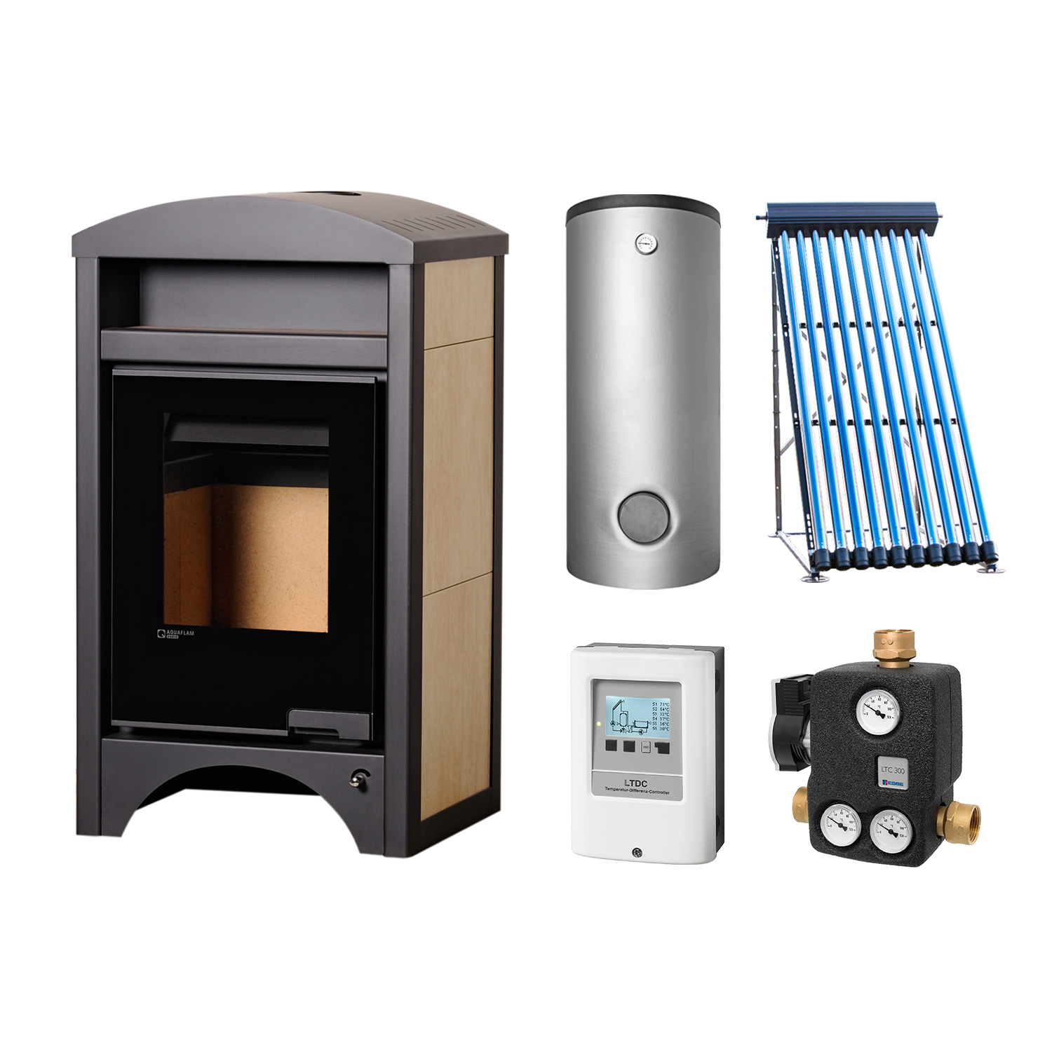 Aquaflam Vario Barma Basic Maple Set + Solarthermie-Set 2 (11 m²) + Kombispeicher THKE 600 + SWT
