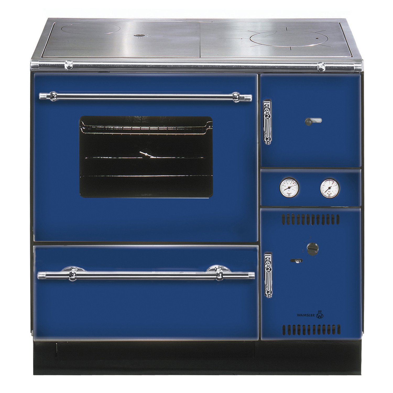 Wamsler K 148 CL Küchenofen wasserführend Blau / Chrom, Rauchrohr links