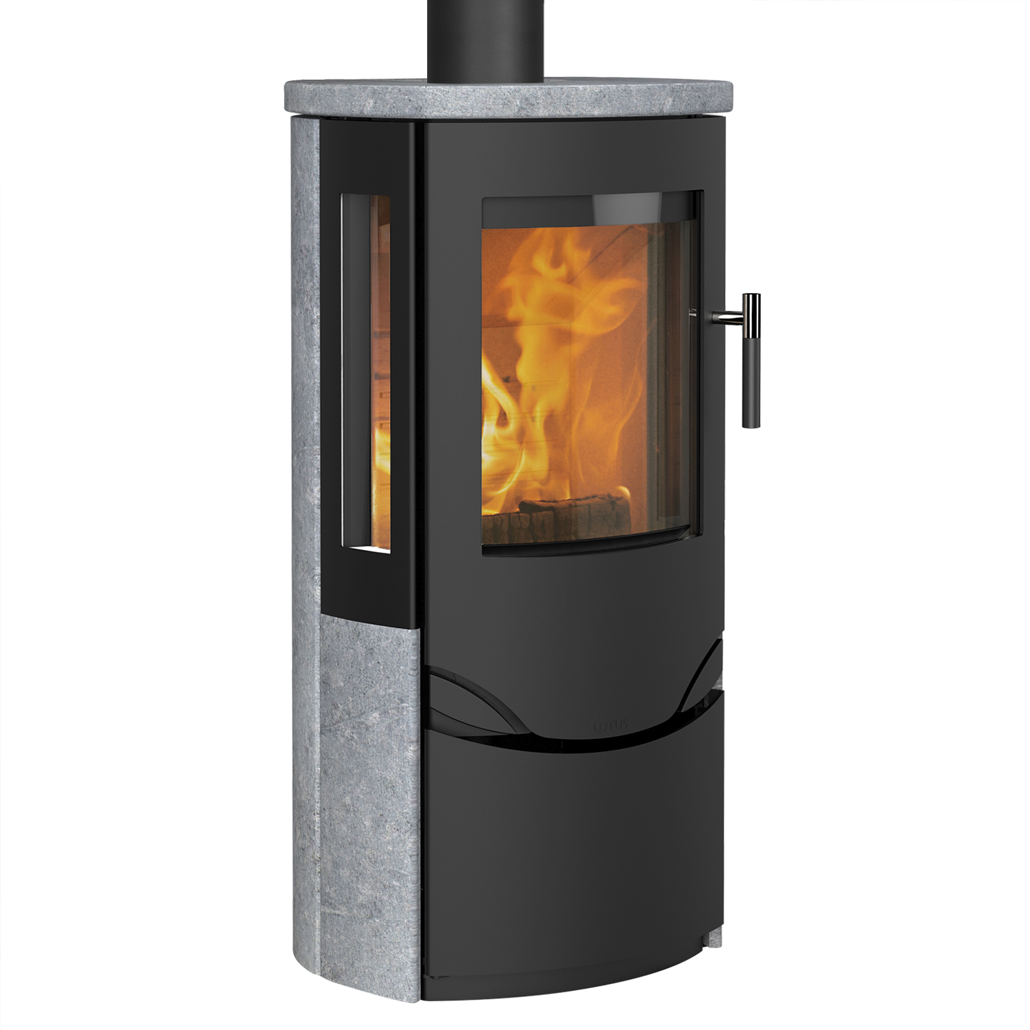 Lotus Prio 6 Kaminofen Schwarz/ Speckstein / Seitenglas, RR hinten od. RR oben