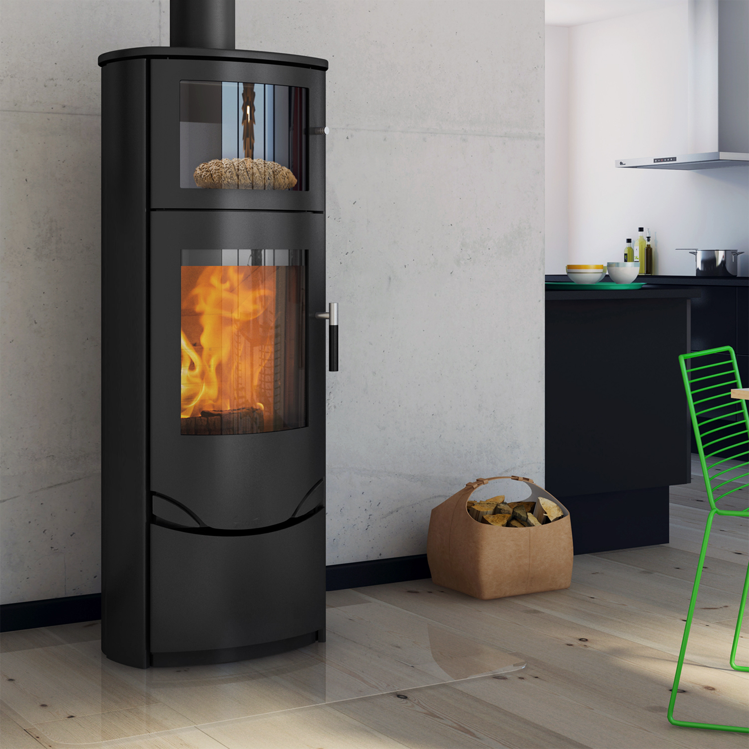 Lotus Prio 7 Kaminofen Stahl Schwarz mit Backfach, RR hinten od. RR oben