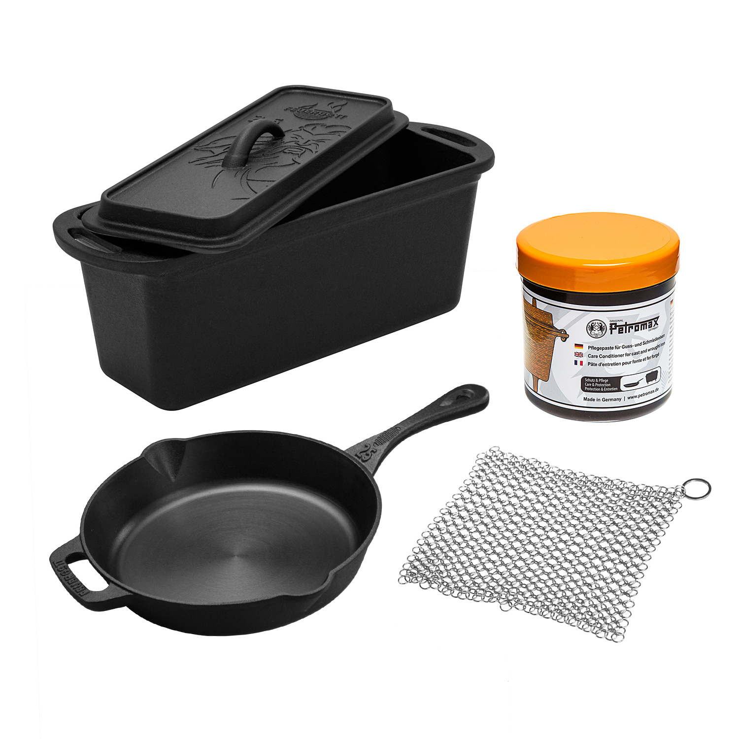 FEUERGOTT Feuerpfanne 25 mit Stiel Schwarz + Kastenform 2.5 + Ringreiniger + Pflegepaste