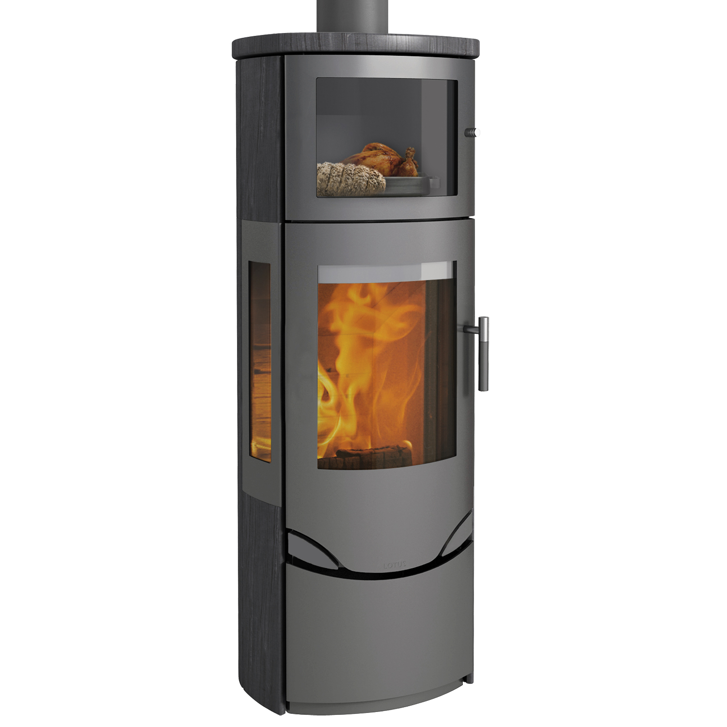 Lotus Prio 7M Kaminofen Grau/ Indian Night/ Seitenglas, Rauchabgang oben