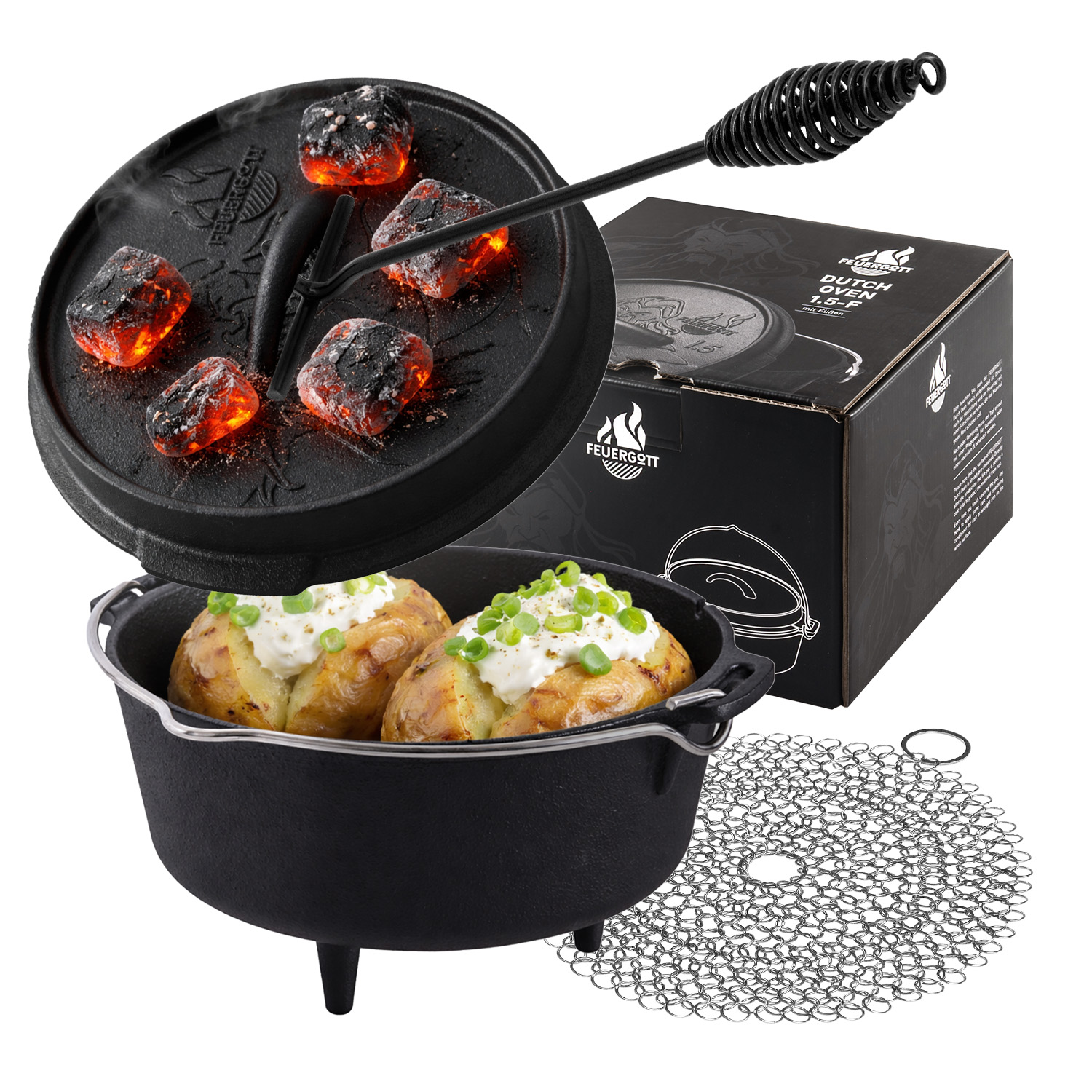 FEUERGOTT Dutch Oven 1,5 l mit Füßen im Set mit Deckelheber und Ringreiniger