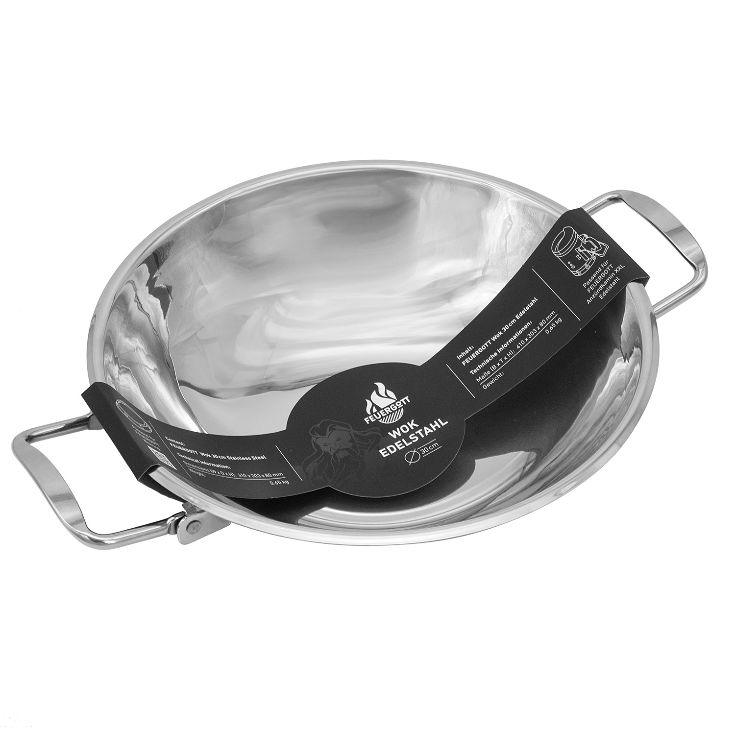 Feuergott Wok Set Edelstahl mit Wokring und Anzündkamin