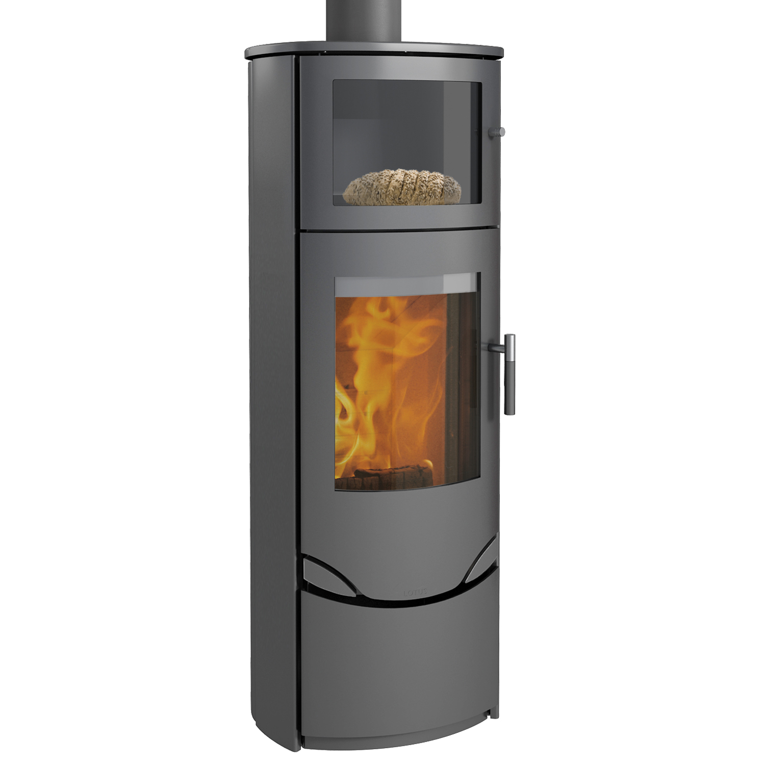 Lotus Prio 7 Kaminofen Grau mit Backfach, Rauchabgang oben