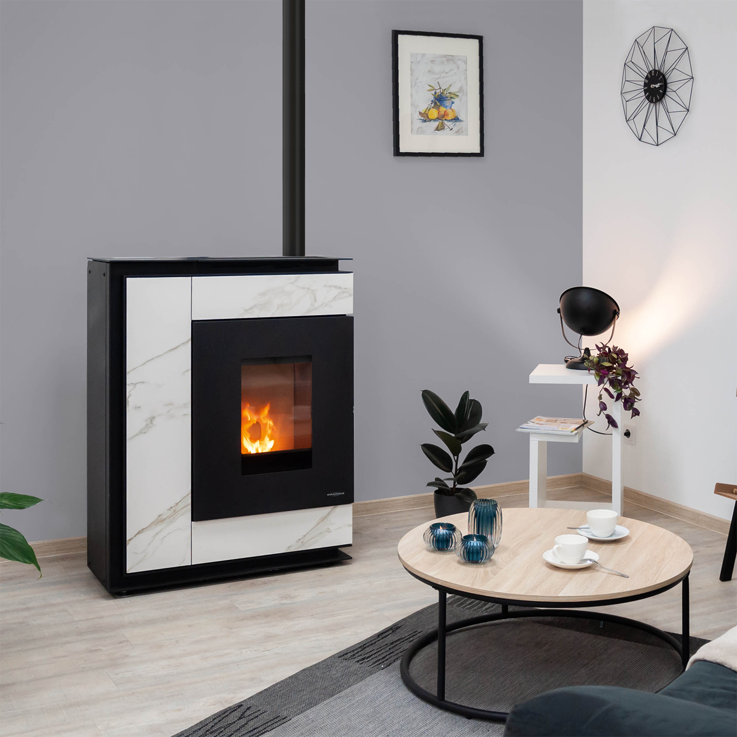 Oranier Boreas Aqua Wasserführender Pelletofen Sintered Stone Marmorweiß, Rauchabgang oben Oranier Boreas Aqua Wasserführender Pelletofen Sintered Stone Marmorweiß, Rauchabgang oben