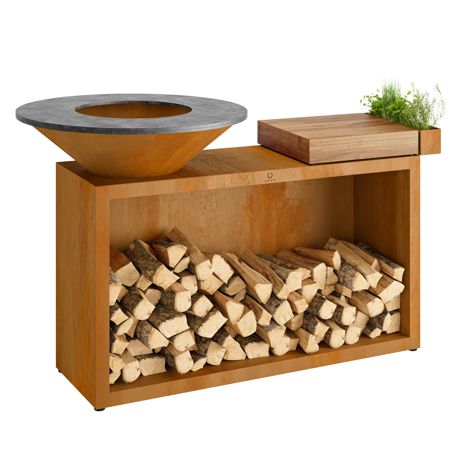 OFYR Island Corten 85 Grill & Feuerstelle mit Arbeitsplatte Teakholz OFYR Island Corten 85 Grill & Feuerstelle mit Arbeitsplatte Teakholz