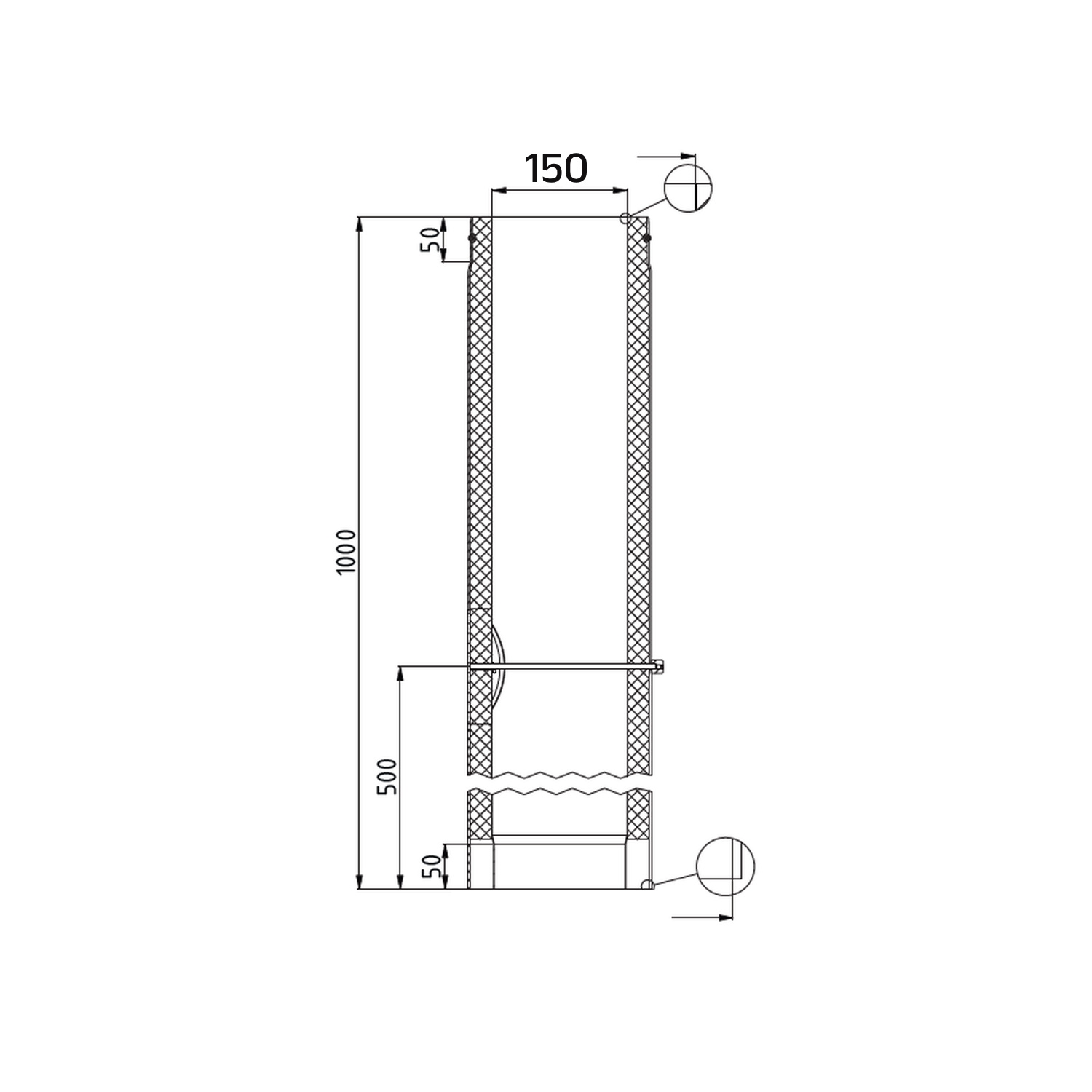Raik Rohr LS DUO Durchmesser 150x1000mm eingezogen mit eingelegter Tür und Dichtung schwarz
