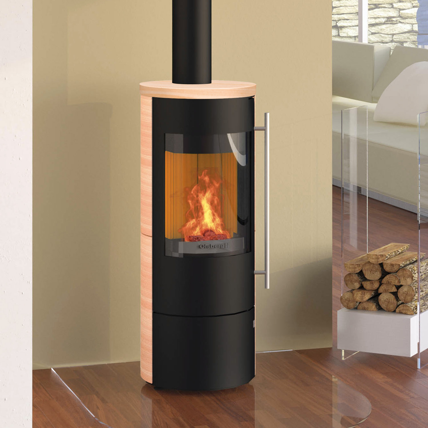 Olsberg Tipas Compact II Kaminofen Stahl Schwarz / Keramik Caffe Coretto + 1 m³ Kaminholz gratis