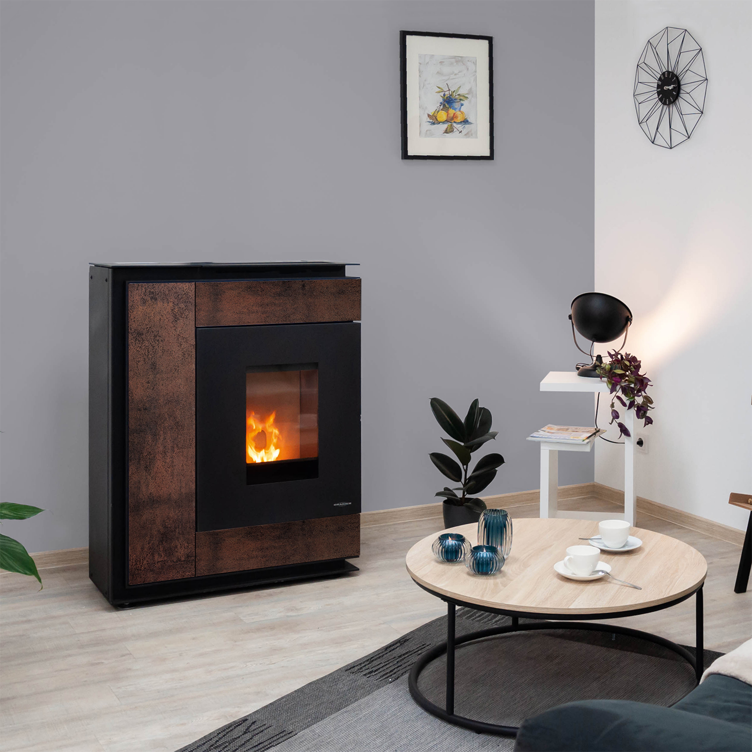 Oranier Boreas Aqua Wasserführender Pelletofen Sintered Stone Korten, Rauchabgang hinten Oranier Boreas Aqua Wasserführender Pelletofen Sintered Stone Korten, Rauchabgang hinten