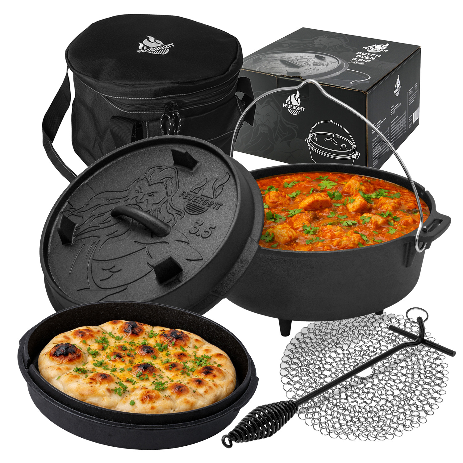 FEUERGOTT Dutch Oven 3,5 l mit Füßen im Set mit Tasche, Deckelheber und Ringreiniger