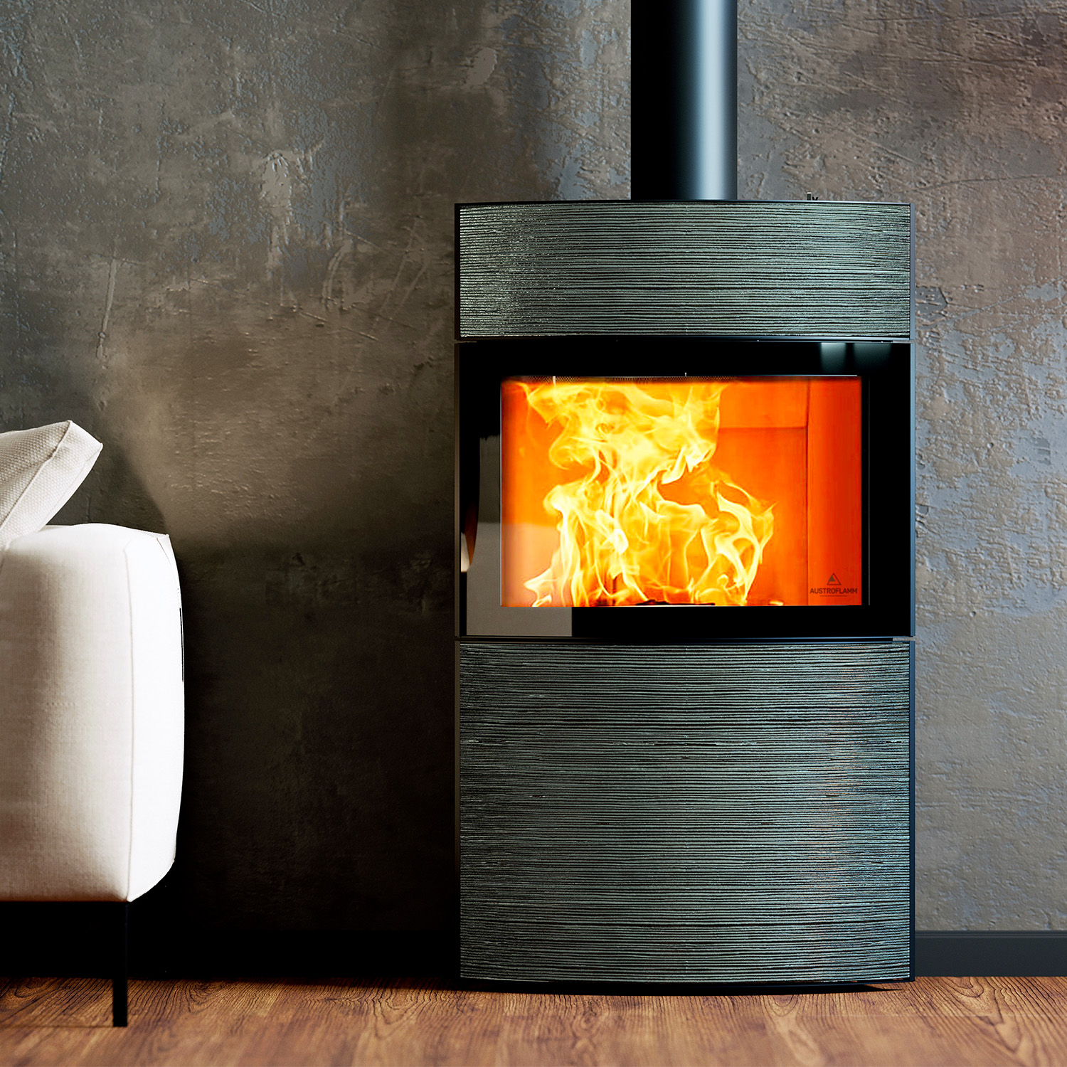 Austroflamm Fynn Xtra 2.0 Kaminofen Stahl Schwarz / Keramik Turmalin Rille Glänzend