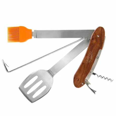 Multifunktionales Grillwerkzeug mit Holzgriff und verschiedenen Utensilien Multifunktionales Grillwerkzeug mit Holzgriff und verschiedenen Utensilien