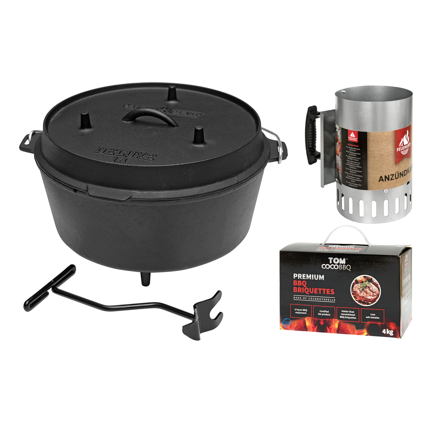 Camp Chef Deluxe Dutch Oven DO-14 mit 4 kg Tom Coco Camp Grill-Kokoskohle Briketts und Feuergott Anzündkamin Camp Chef Deluxe Dutch Oven DO-14 mit 4 kg Tom Coco Camp Grill-Kokoskohle Briketts und Feuergott Anzündkamin