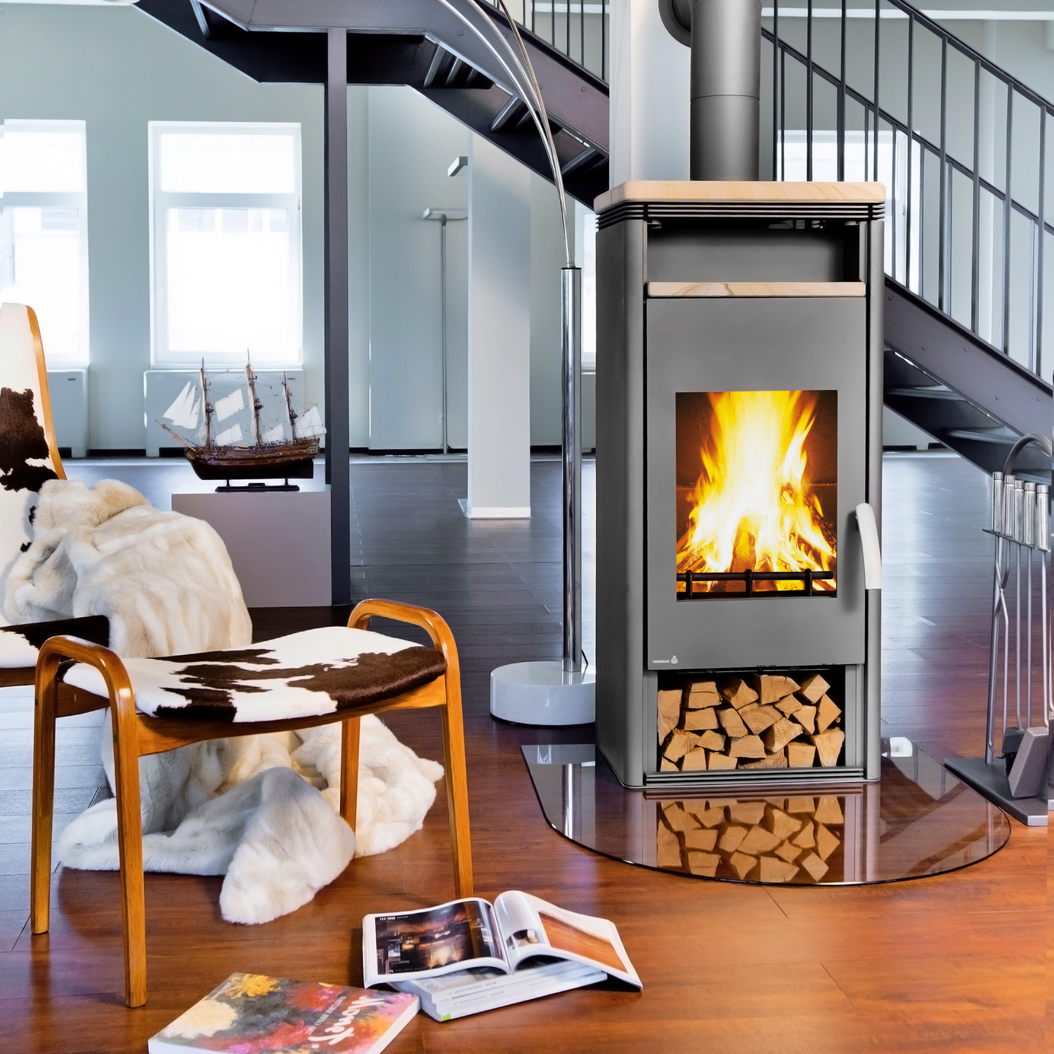 Wamsler Orpheus Kaminofen mit Warmhaltefach Stahl Grau / Sandstein 8 kW