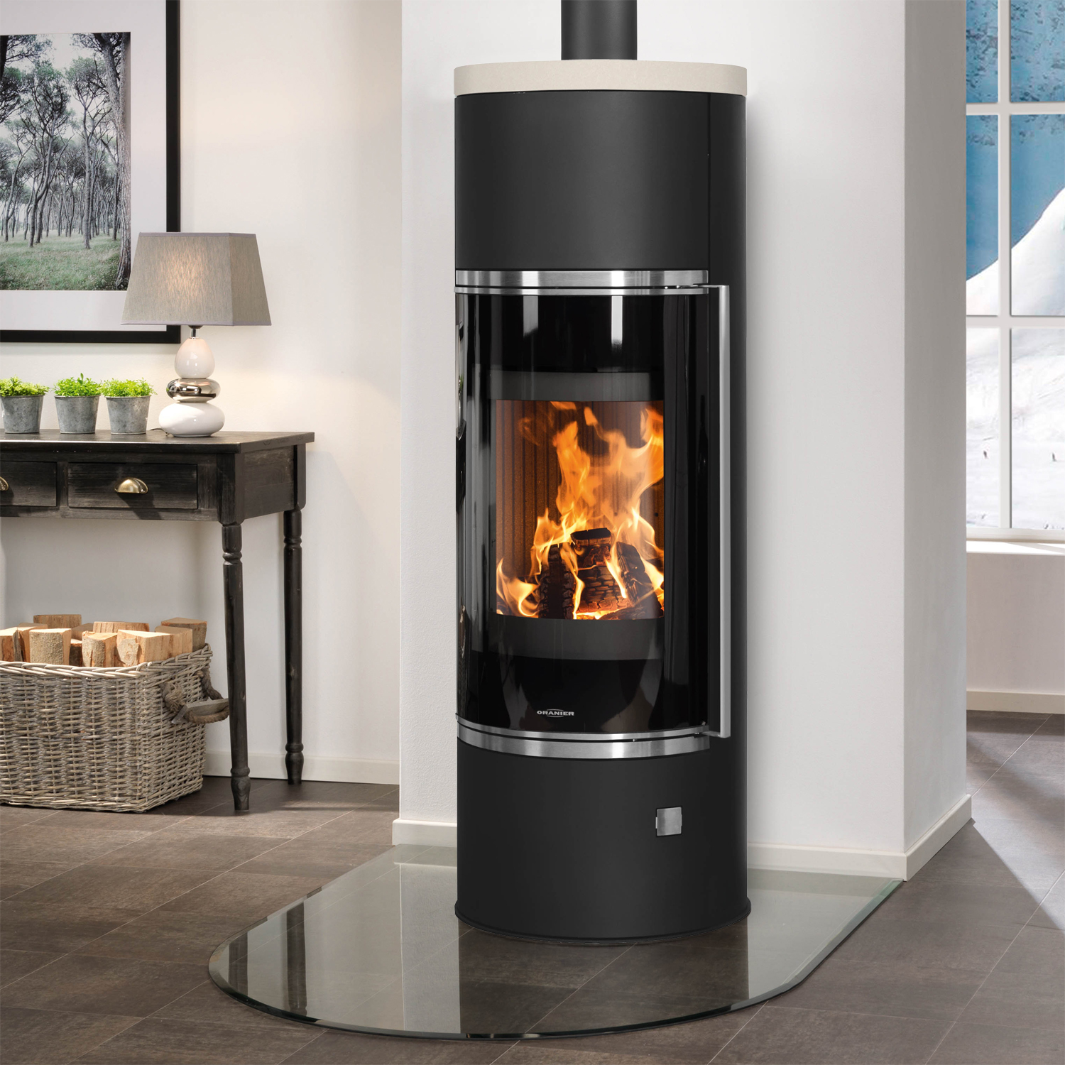Oranier Arena Aqua 2.0 wasserführender Kaminofen Stahl Schwarz mit Abdeckplatte Kalkstein Cream