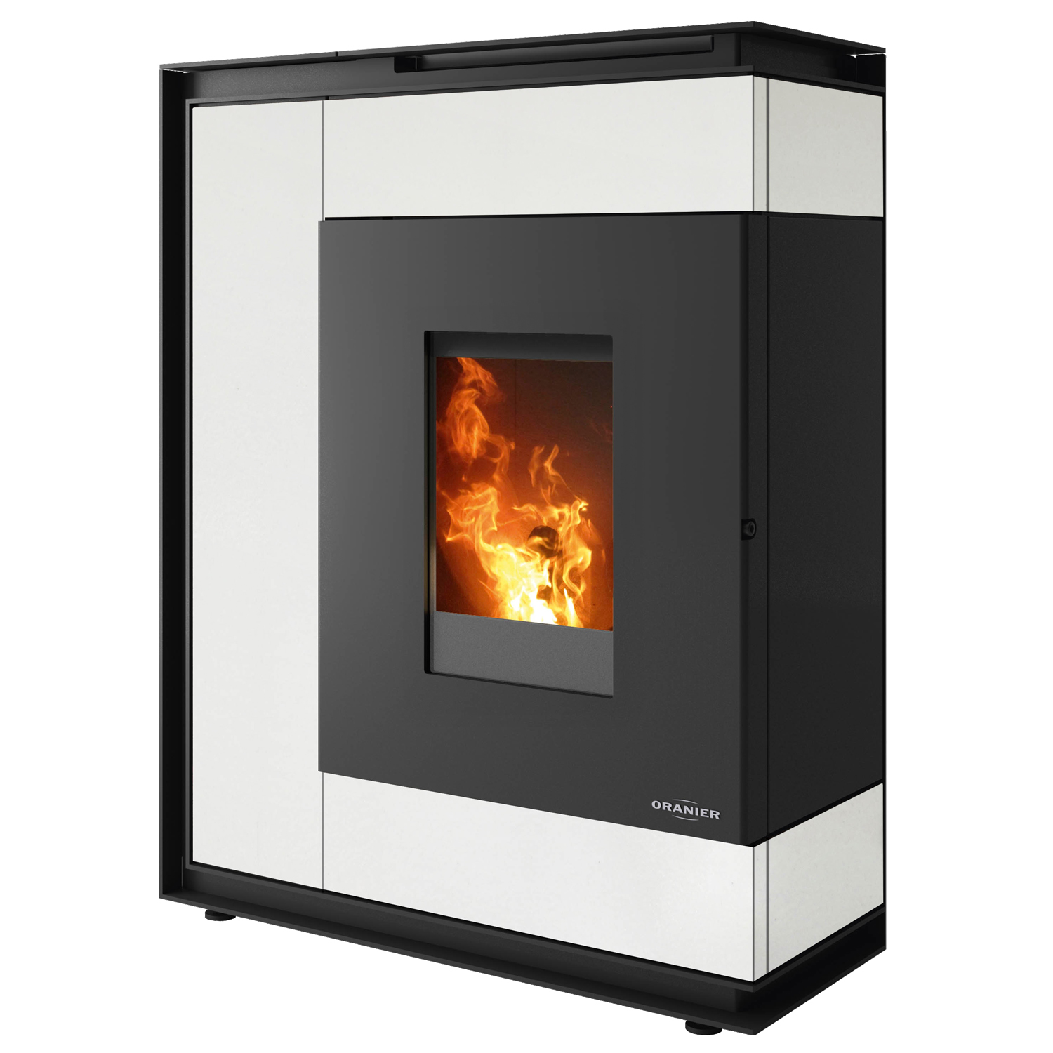 Oranier Boreas Aqua Wasserführender Pelletofen Sintered Stone Seidenweiß, Rauchabgang hinten Oranier Boreas Aqua Wasserführender Pelletofen Sintered Stone Seidenweiß, Rauchabgang hinten