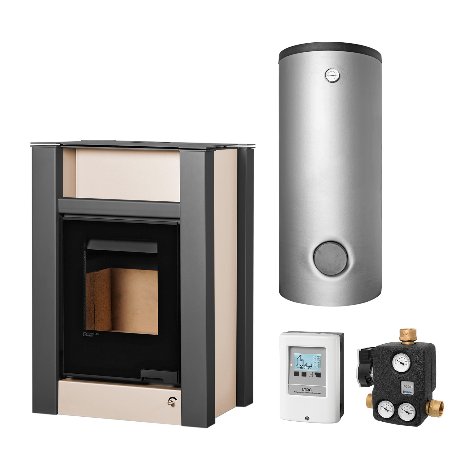 Aquaflam Vario Lend 11 kW Basic Wasserführender Kaminofen Creme Komplett-Set Pufferspeicher TPSM 500