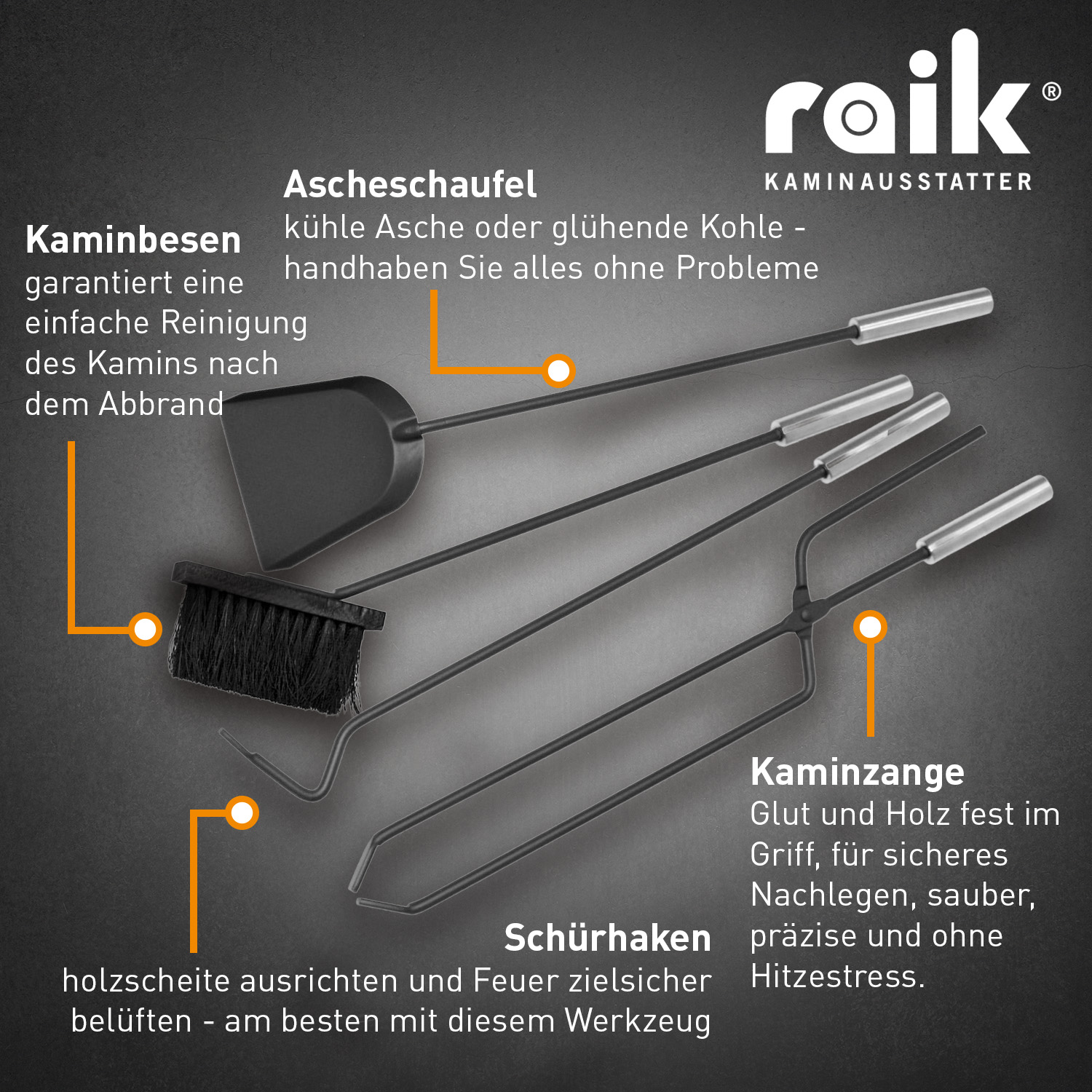 Raik Kaminbesteck Arthur, 4-teilig, anthrazit, Edelstahlgriffe, 66 cm