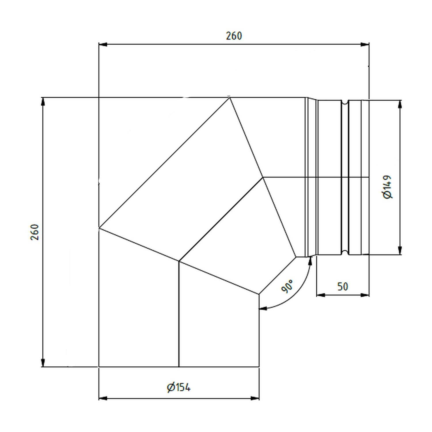 Raik Lifestyle Bogen Durchmesser 150/90° 2,00mm eingezogen 3-tlg mit Dichtung schwarz für Rauchrohr/ Ofenrohr