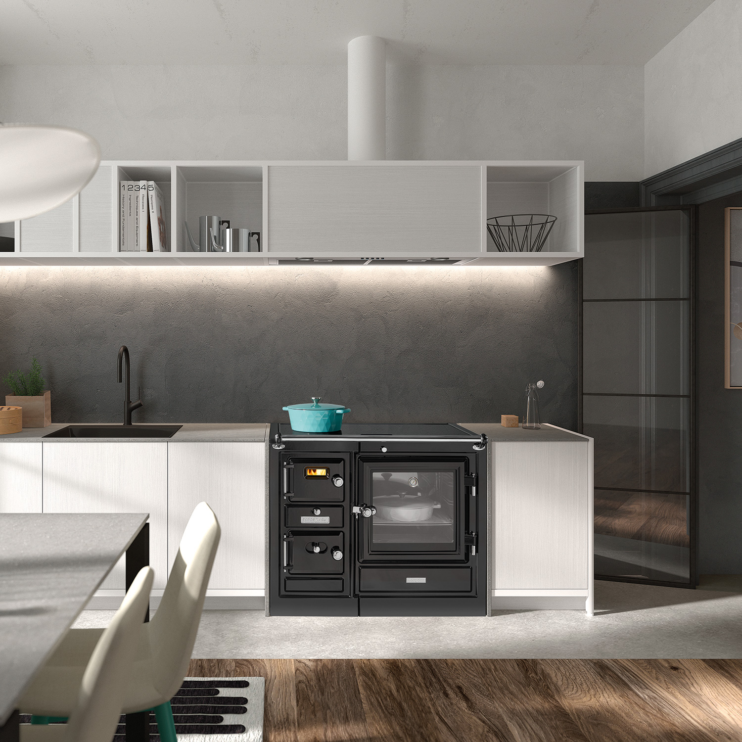 Hergom Saja 8/100 SE Küchenofen Gusseisen schwarz, Herdplatte Glaskeramik, RR hinten