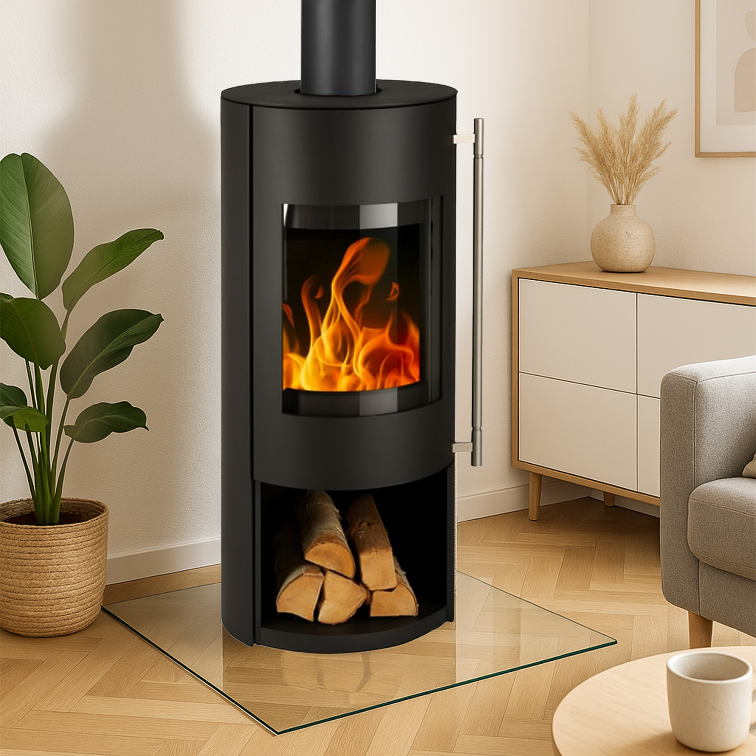 Haas+Sohn GRASSE Stahl Kaminofen tief-schwarz mit Holzfach ohne Türe