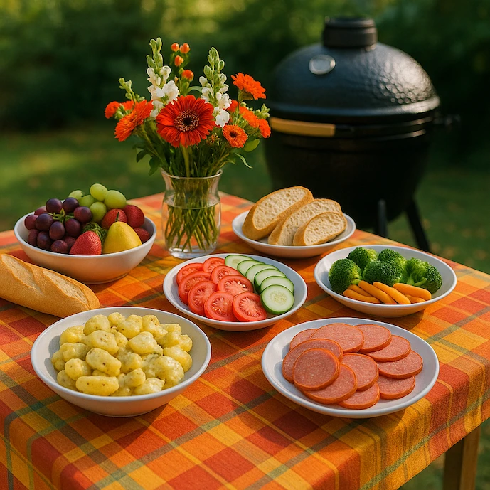 buffet-im-garten-mit-keramikgrill-im-hintergrund