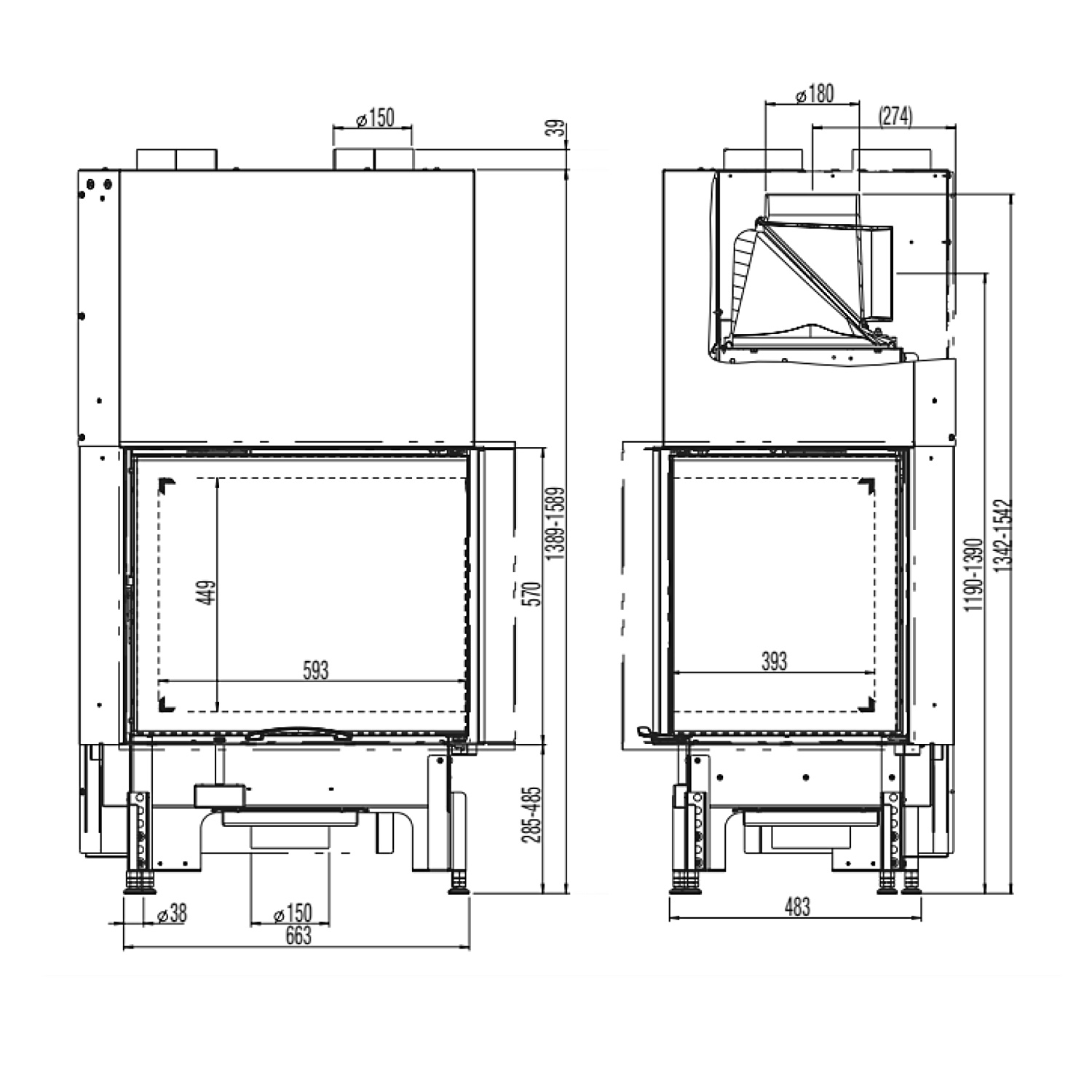 Austroflamm 69x49x57 S 2.0 Kamineinsatz Ecke rechts Feuerraum Schwarz